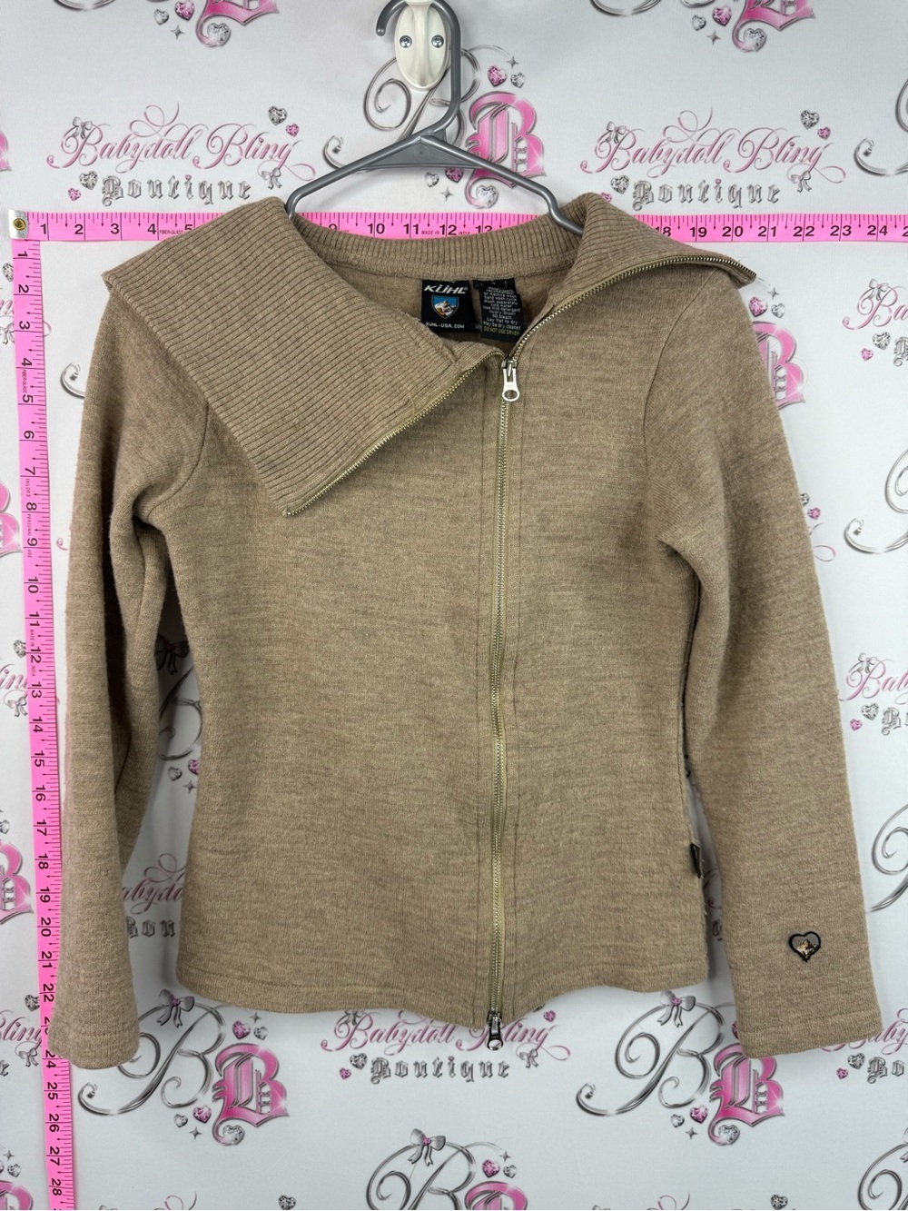 Kuhl Merino wool sweater brown Tan Zip-Up Knit Jacket with Fold-Over Collar